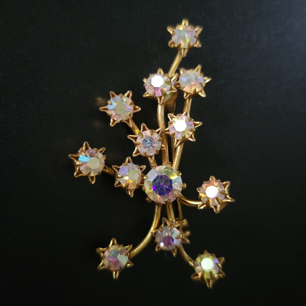 Vintage Austria Crystal Aurora Borealis Starburst Firework Brooch Gold Tone 38$
